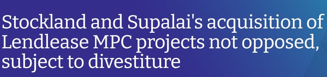 ACCC back Stockland and Supalai buying Lendlease's master planned communities with land lease community potential