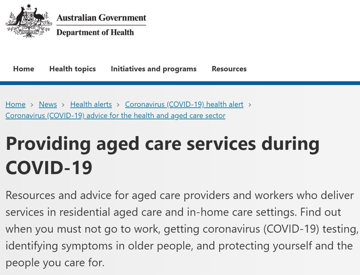 Department of Health sets up COVID-19 specific aged care page – 10 weeks after pandemic declared – plus staff and residents to be tested if two or more have symptoms