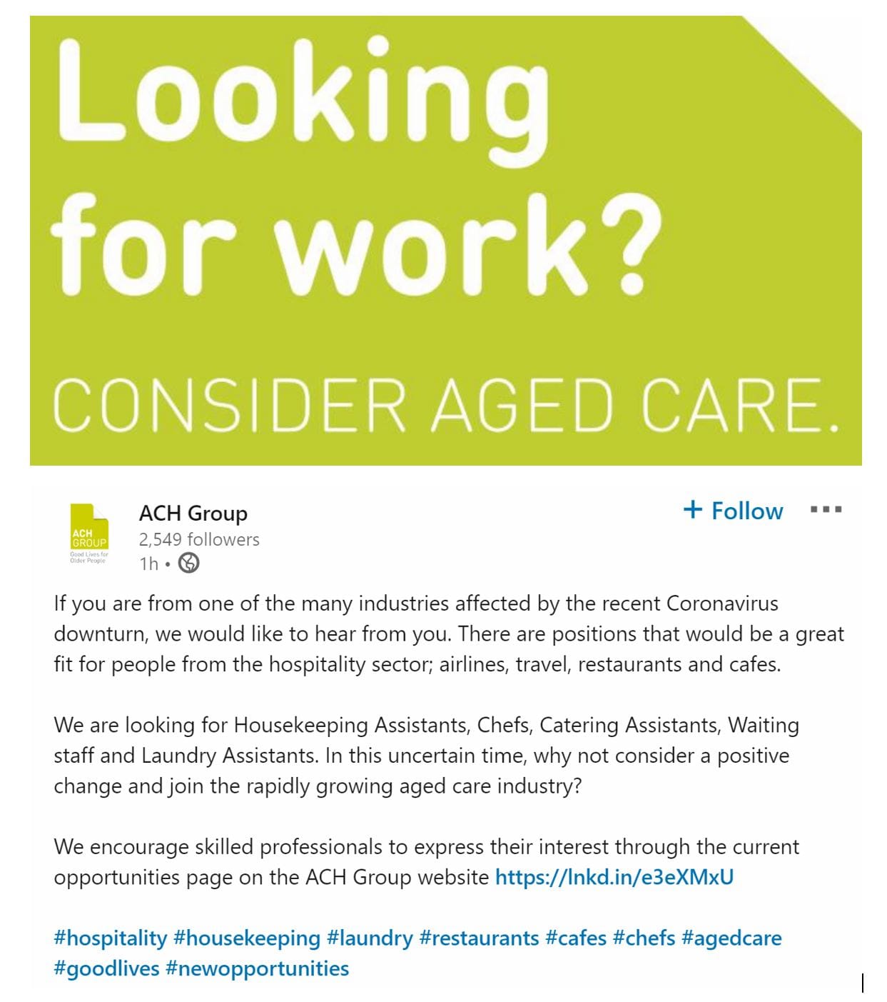 ACH Group (Adelaide) reaches out to the new world of unemployed hospitality workers on LinkedIn ​