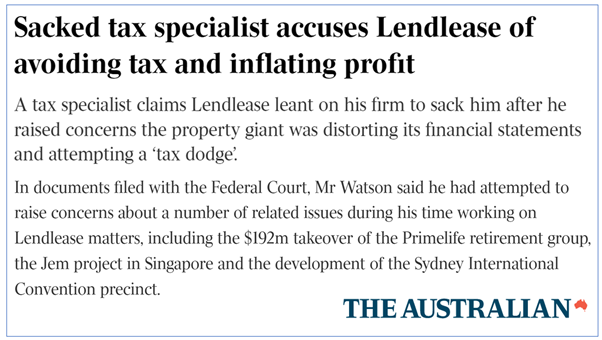 Lendlease accused by sacked tax specialist of tax avoidance around its retirement village purchase and contracts