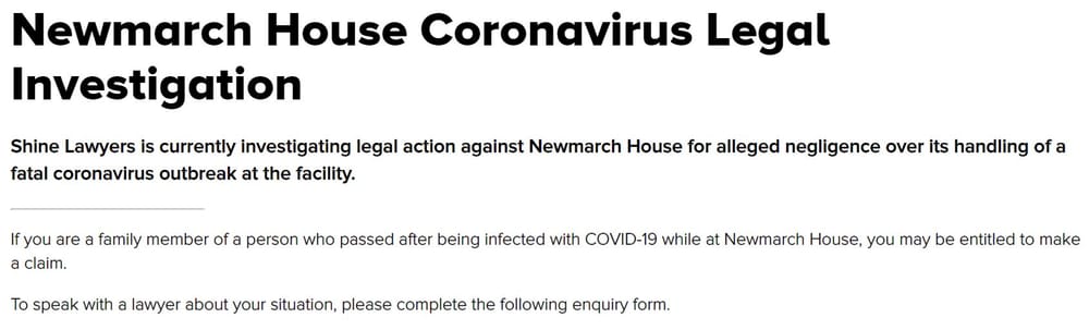 Shine Lawyers looking at class action over COVID-19 deaths at Newmarch House post image