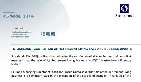 With EQT sale confirmed, Stockland’s 20-year era in retirement village sector over post image