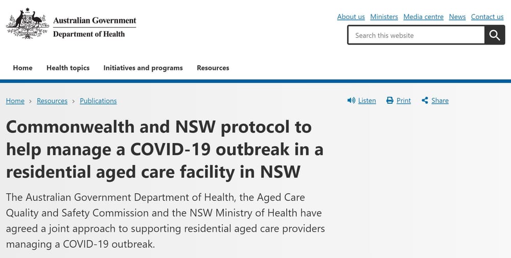 Government and NSW Health agree on joint protocol to manage COVID-19 outbreaks in aged care –providers must raise alarm bell within one hour but no guidance on transferring residents to hospital. post image