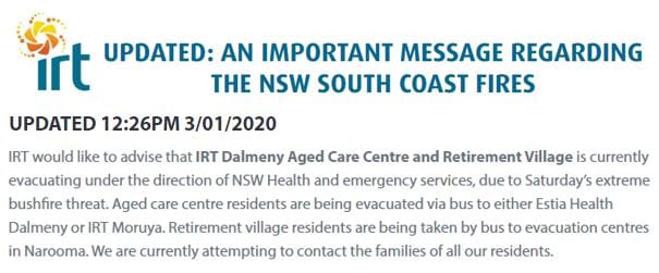 IRT’s experience of the bushfire crisis: RACs confronting a 12-day emergency post image