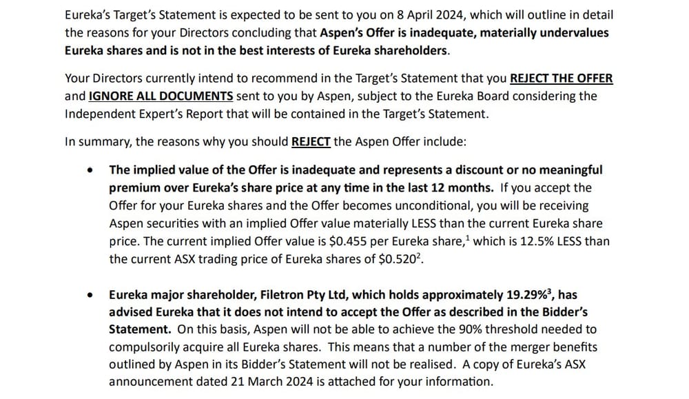 Eureka advise shareholders to reject Aspen takeover bid as new shareholder emerges post image