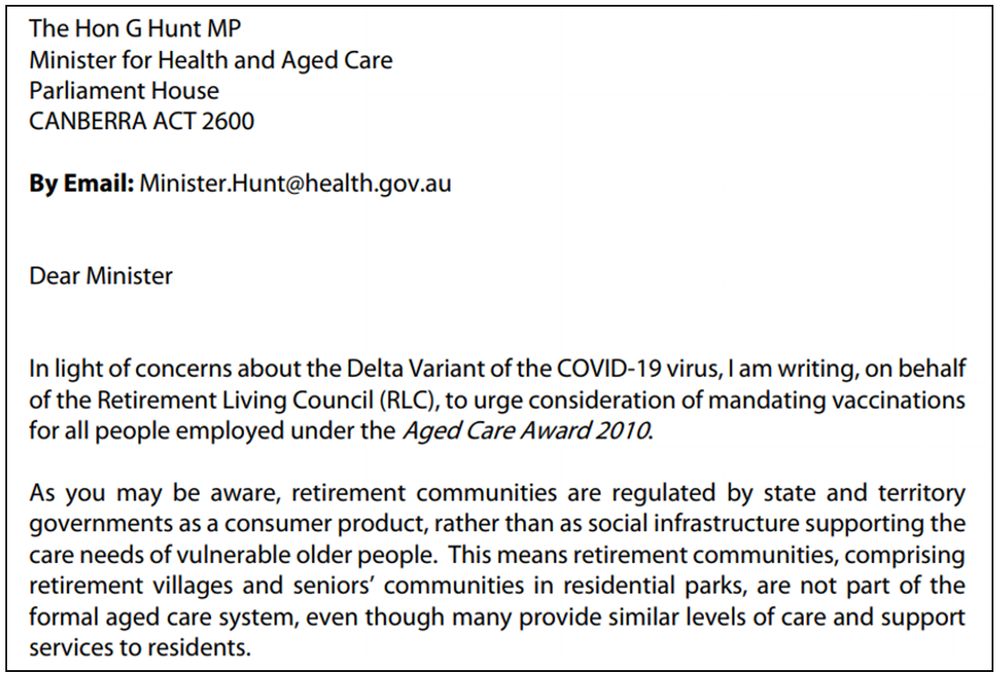 Mandate village staff vaccination: Retirement Living Council post image