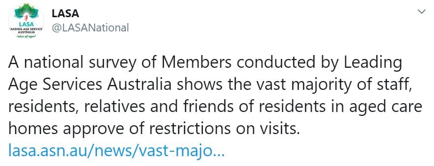 LASA follows ACSA with its own poll showing 90% of families support restrictions on aged care visits post image