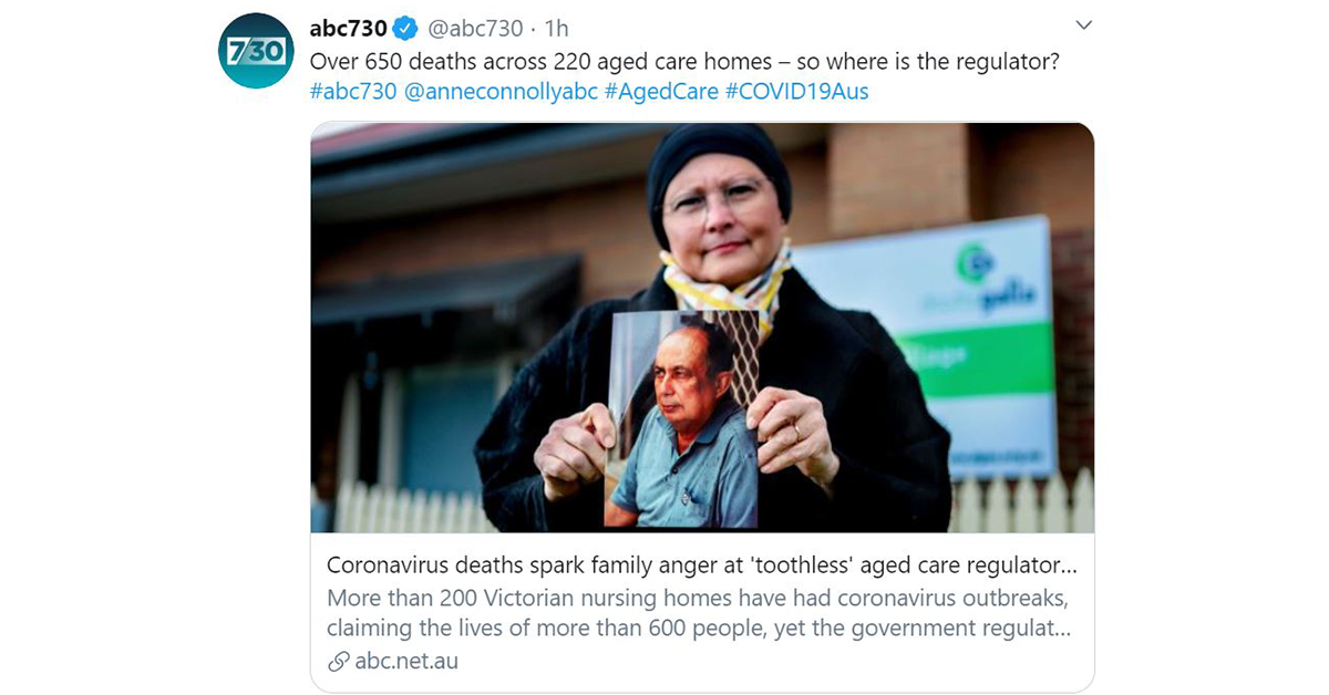 Anne Connolly points finger at Aged Care Quality and Safety Commission over COVID response on 7.30 Report post image